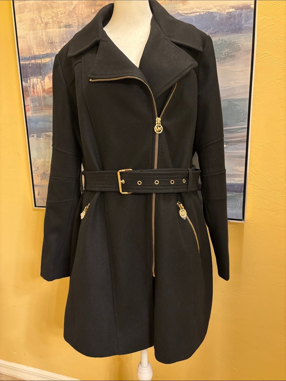 Michael Kors Black Belted Trench Coat with Gold Zippers